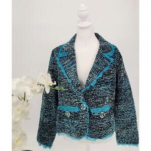 New Direction Womens Blue Fray Trim Blazer Size XL Y2K Standout Luxury Heritage